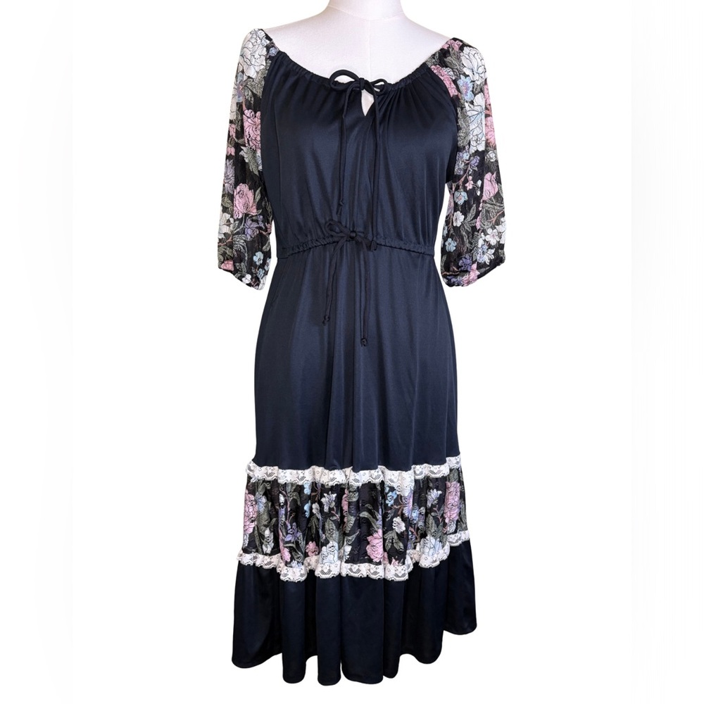 Vintage 1970s Black Floral Boho Dress